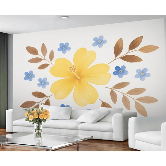 Hibiscus Mural - Tropical Floral Wall Paintings, Yellow Flower 3D Wall Mural For Living Room Bedroom, Floral Murals 55"W x 28"H (Not Peel and Stick)