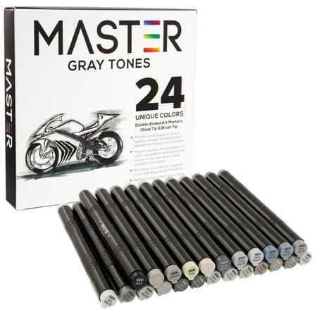 Art Supplies Markers - 24 Color Master Markers Gray Tones Dual Tip Set Double-Ended Grayscale Art Markers with Chisel Point and Standard Brush