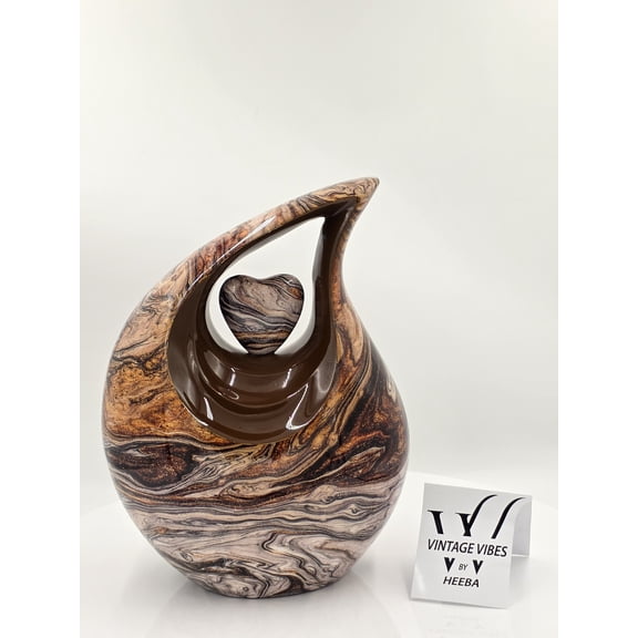 Brown Aluminium Cremation Urn with Heart | Modern Memorial Ashes Urn | Artistic Funeral Decorative Urn