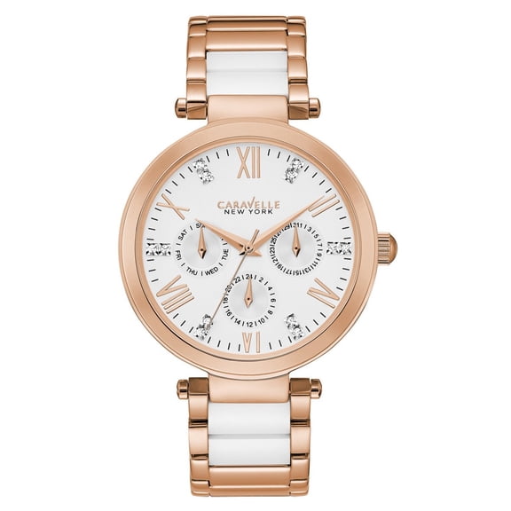 Caravelle 44N108 Women's Crystal Silver Dial White Ceramic and Rose Gold Steel Bracelet Watch