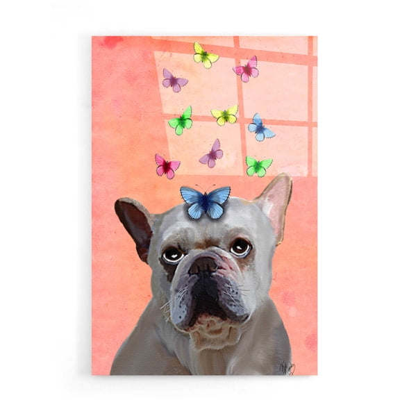 Epic Art 'White French Bulldog and Butterflies' by Fab Funky, Acrylic Glass Wall Art, 16"x24"