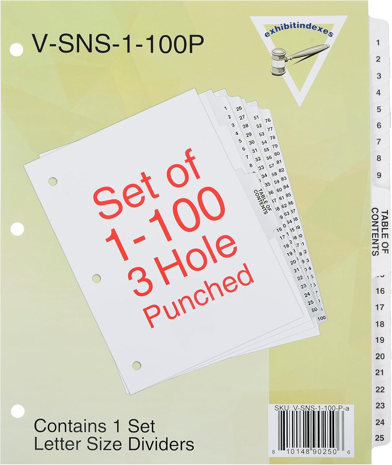 Exhibitindexes® Numbered Dividers 1-100 Punched - Side Collated Exhibit Tabs