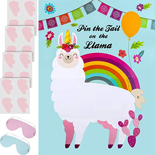 Outus Pin The Tail on The Llama Game Llama Theme Party Supplies- Llama Fiesta Baby Shower or Birthday Party Favors, Large Llama Poster 24 x16 Inch, 2 Eye Mask, 20 Pieces Tails and 20 Pieces Glue