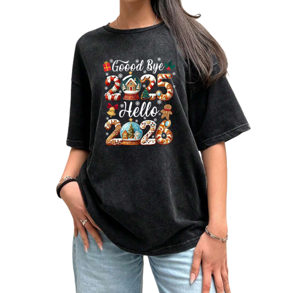 Washed Goodbye 2025 Hello 2026 Gingerbread Theme Graphic Comfortable Tee T Shirt Tops Short Sleeve Round Neck Black S-2XL Plus Size