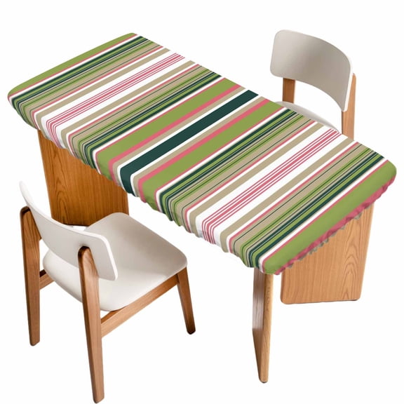 Colorful Striped Table Cloths for 4 Foot Rectangle Tables, Sage Green Pink White Vertical Lines Patio Waterproof Elastic Fitted Tablecloths, Washable Rectangular Table Cover for Camping