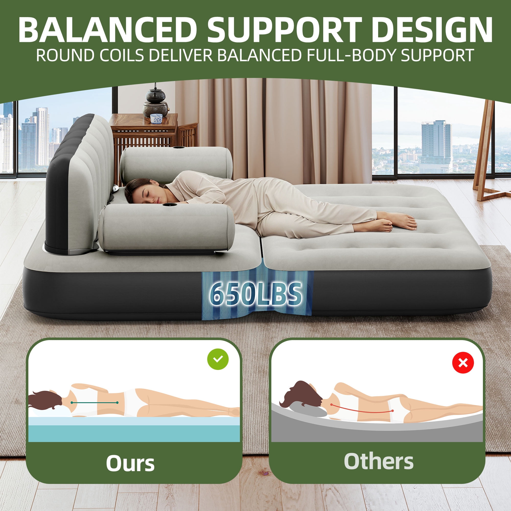 Uforic Queen Size Air Mattress with Built-in Air Pump, Black Bed Skirt and Gray Top Including Repair Kit and Storage Bag, Supports Inflation/Deflation