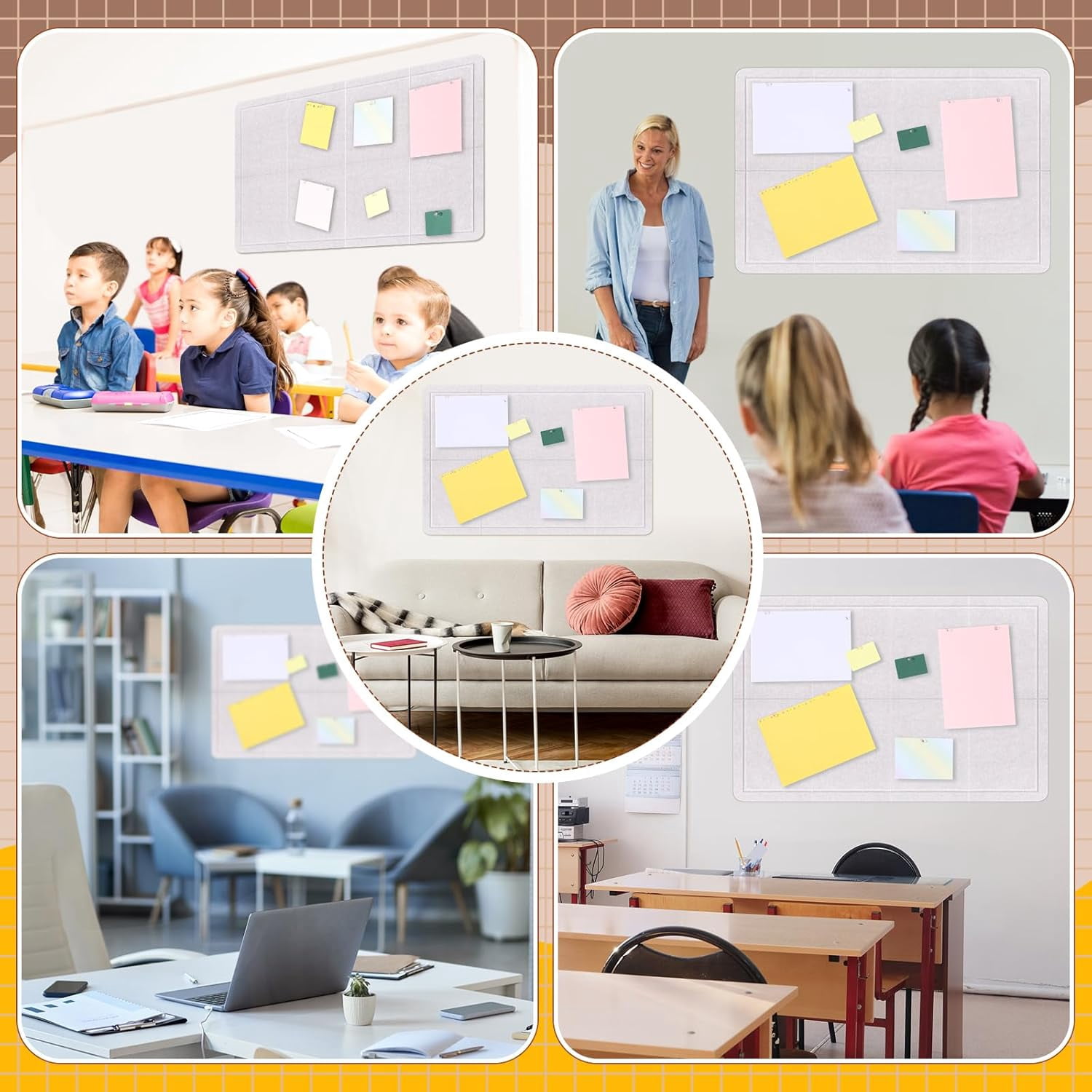Large Beige Felt Bulletin Board 36 x 24 Alternative-9" x 12" 8 Pcs Felt Board Tiles for Wall Adhesive Bulletin Cork Board with Textured Paper, Sticker, Clear Round Pins for School Office