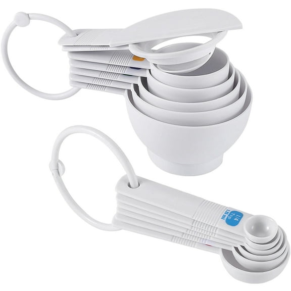Niceauty White Plastic Measuring Cups and Spoons Set for Kitchen Use with Ergonomic Handles 3/4 1/2 1/4 Cup