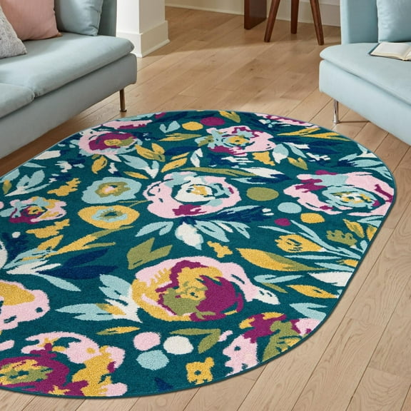 Unique Loom Bloom Collection Area Rug - Hyacinth (6' x 9' Oval Teal/Ivory)