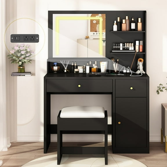 Black Vanity Desk Set with LED Light Mirror & Power Outlet, Makeup Table with 3 Shelves & 2 Drawers & 3 Level Adjustable Cabinet & Makeup Vanity Stool for Women, Girls(Black-37")
