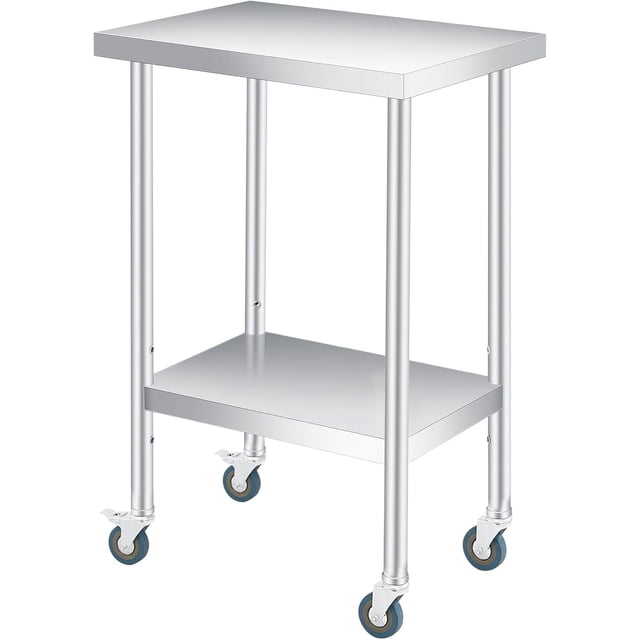 YUSAZENS 201 Stainless Steel Double Layer Storage Table, Mobile Workbench Tool Cart 12*24"+wheels