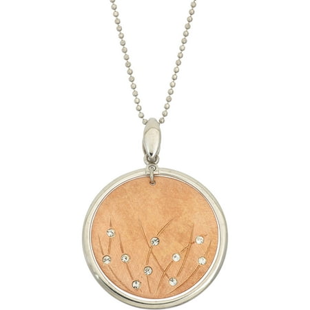 Giuliano Mameli Crystal Accent 14kt Rose Gold-Plated Sterling Silver Matte-Finished Grass Pattern White Polished Frame Round Pendant with Chain