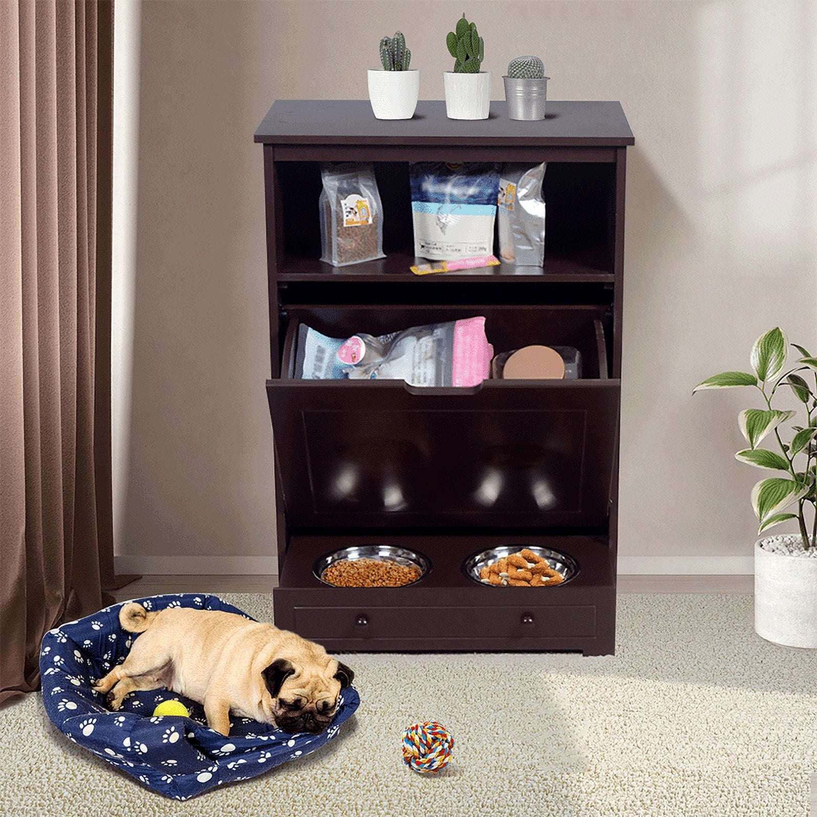 LONGHEXINA Pet Feeder Station with Storage Made of MDF and Waterproof Painted Dog and Cat Feeder Cabinet with Stainless Bowl