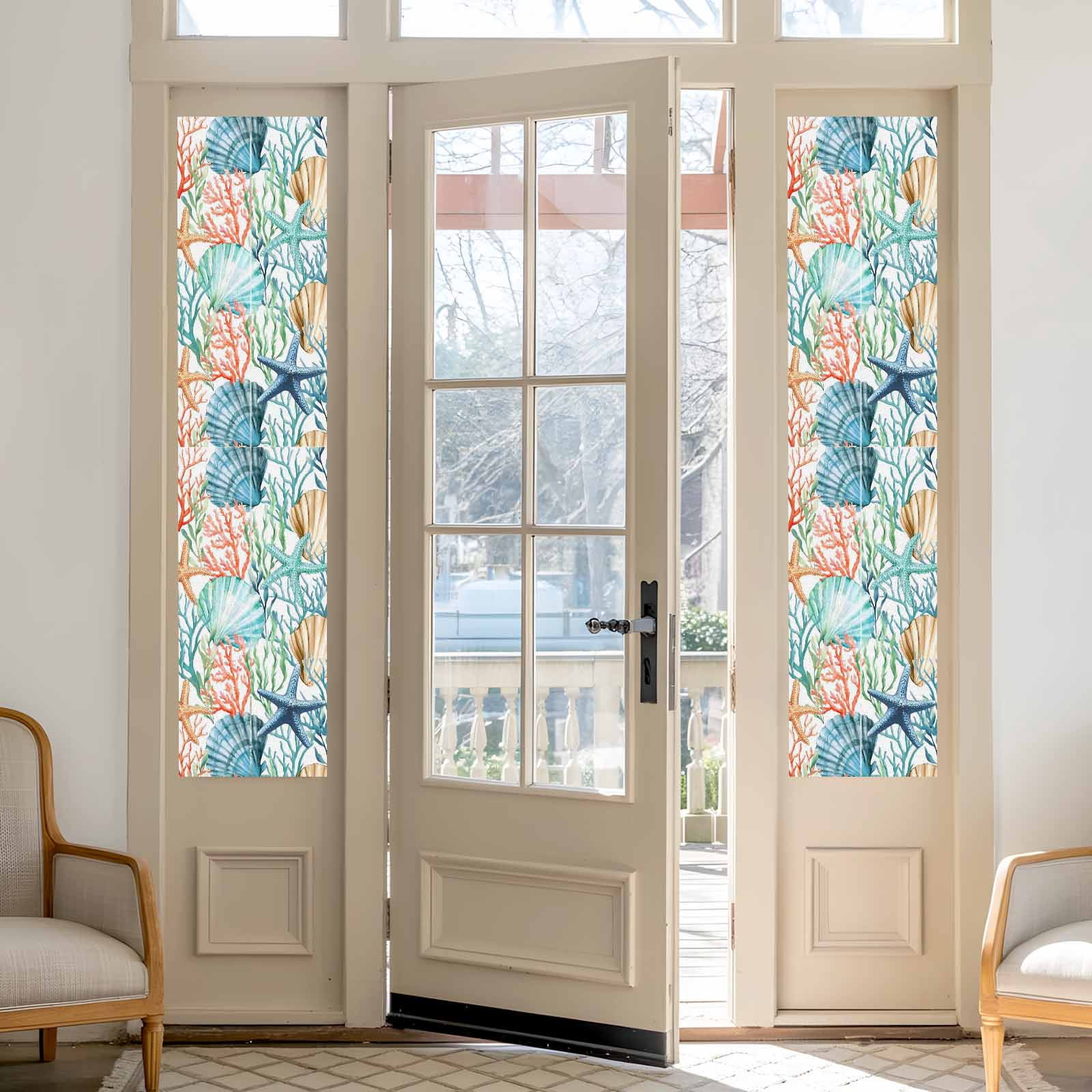 Shell Starfish Window Privacy Film, Summer Green Orange Seaweed Nautical Frosted Glass Window Clings Static Cling UV Heat Blocking Reusable Door Sticker for Bathroom 29.5 x 118 Inch