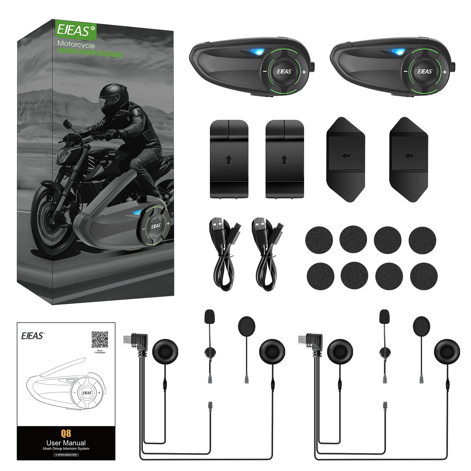 EJEAS Mesh 3.0 Motorcycle Helmet Intercom Bluetooth Headset Q8 4PC,6 Riders Group Talking 1000M Motorbike Helmet Communication System