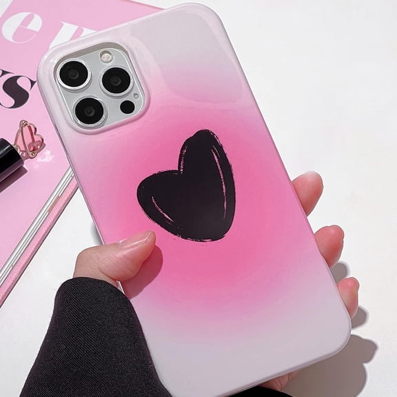 Compatible with iPhone 13 Pro Max Gradient Case Glossy Love Heart Shiny Clear Cute Pink Minimalist Luxury Aesthetic Trendy Shockproof Protective Cover for Women Girls
