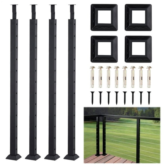 8 Pack Cable Railing Post, 42"x1.5"x1.5" Level Drilled Deck Railing Post, SUS304 Stainless Steel Black Cable Railing System Kit for Indoor Outdoor Deck Balcony