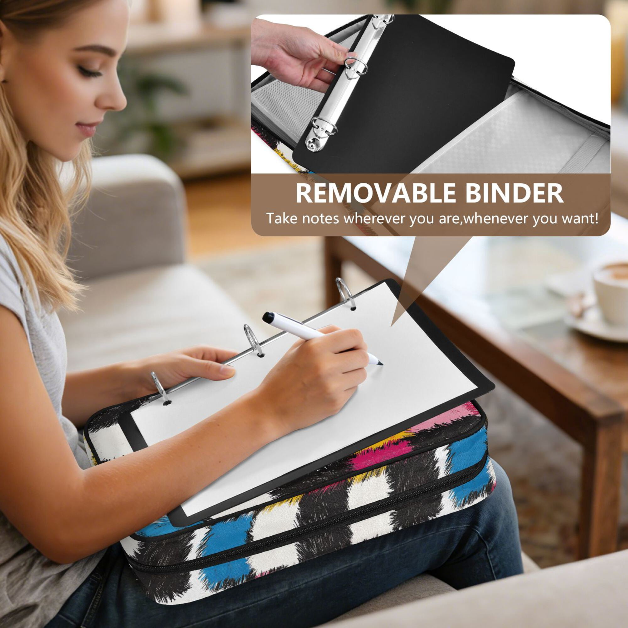FORMRS Accordion File Folder A4 Size 7-Pocket Expanding Document Organizer Bag with 3 Ring Binder, White Checkered Pattern