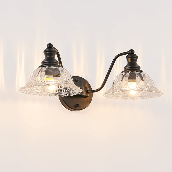 Jopath 20" 2-Light Vintage Bathroom Wall Sconce, Elegant Black Metal and Glass Lampshade Vanity Light Fixture for Bathroom, Hallway, or Bedroom (Bulb Not Included)