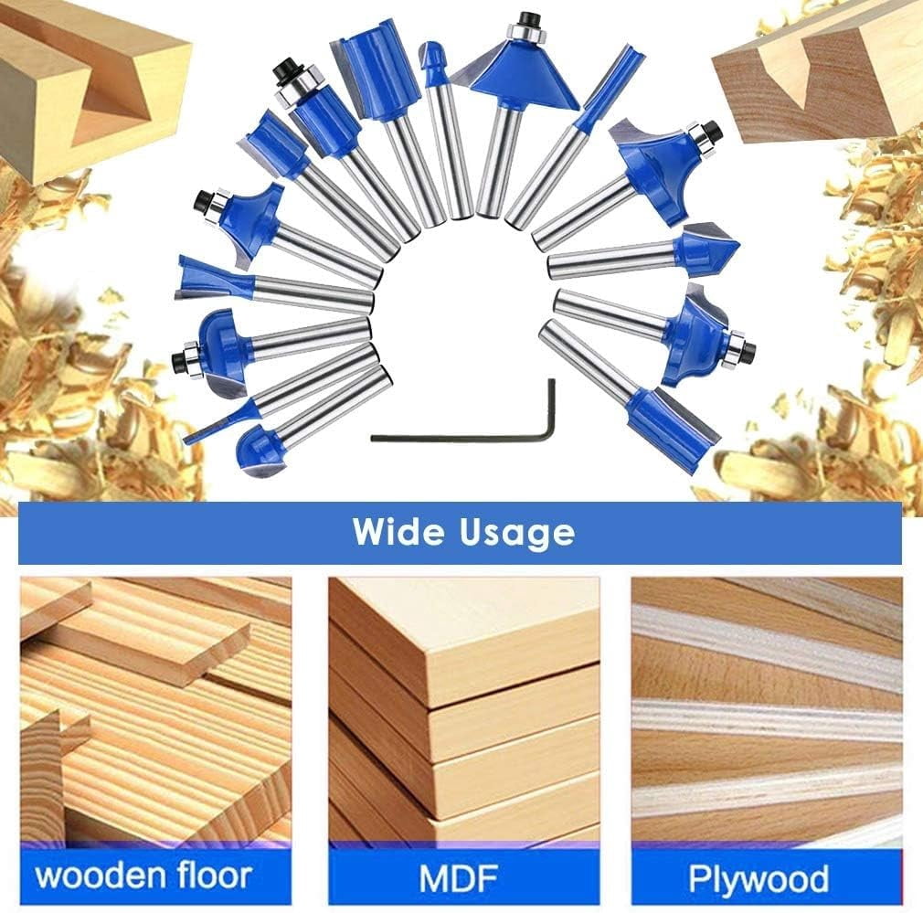 Gamvdout 15pcs Router Bits, 1/4" Shank Tungsten Carbide Corner Edge Tool, Groove Drill Bit for Chipboard, Woodworking, Wood Milling Cutter DIY Tools Kit