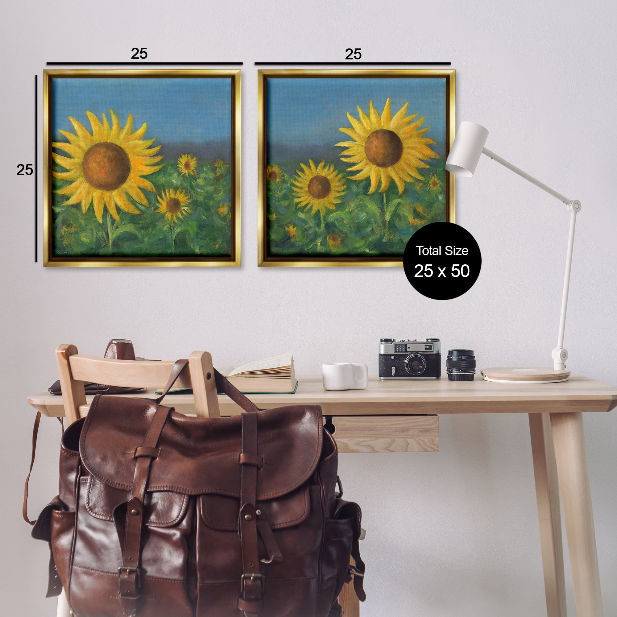 Stupell Industries Gorgeous Sunflower Field Plants & Flowers Painting Gold Floater Framed Canvas Art Print Wall Art, 25 x 25, Set of 2