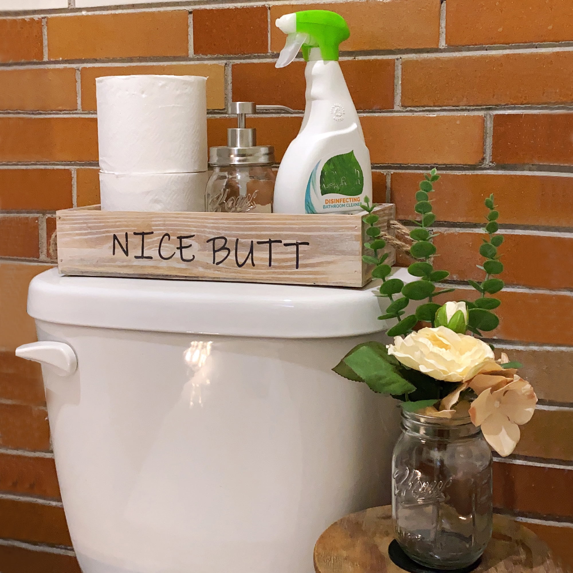 Farmhouse Wooden Toilet Paper Holder Tray with Mason Jar Soap Dispenser and Flower, Rustic Brown