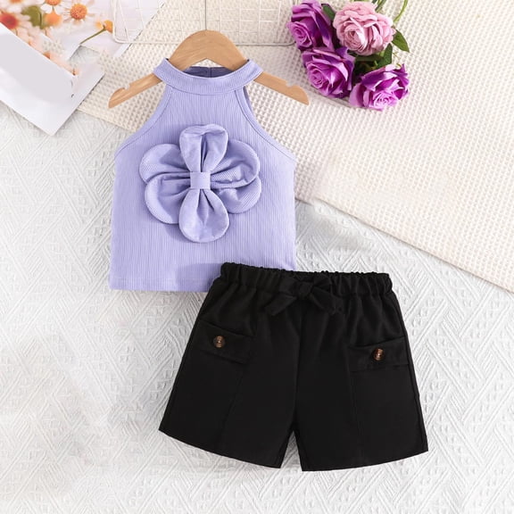 lulshou Girls Summer Clothes Girl's Flower Sleeveless Round Neck Top Solid Color Bow Shorts Two-piece Set Purple