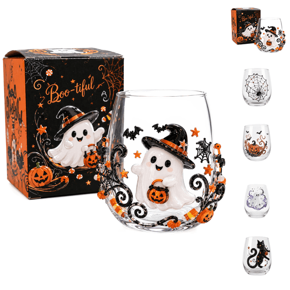 Boo-tiful Ghost Magic Stemless Glass,3D Halloween Artisan Wine Tumbler with Ghost Pumpkin Spider Black Cat,Spooky Festive Gathering Home Bar Accessory E-1PC