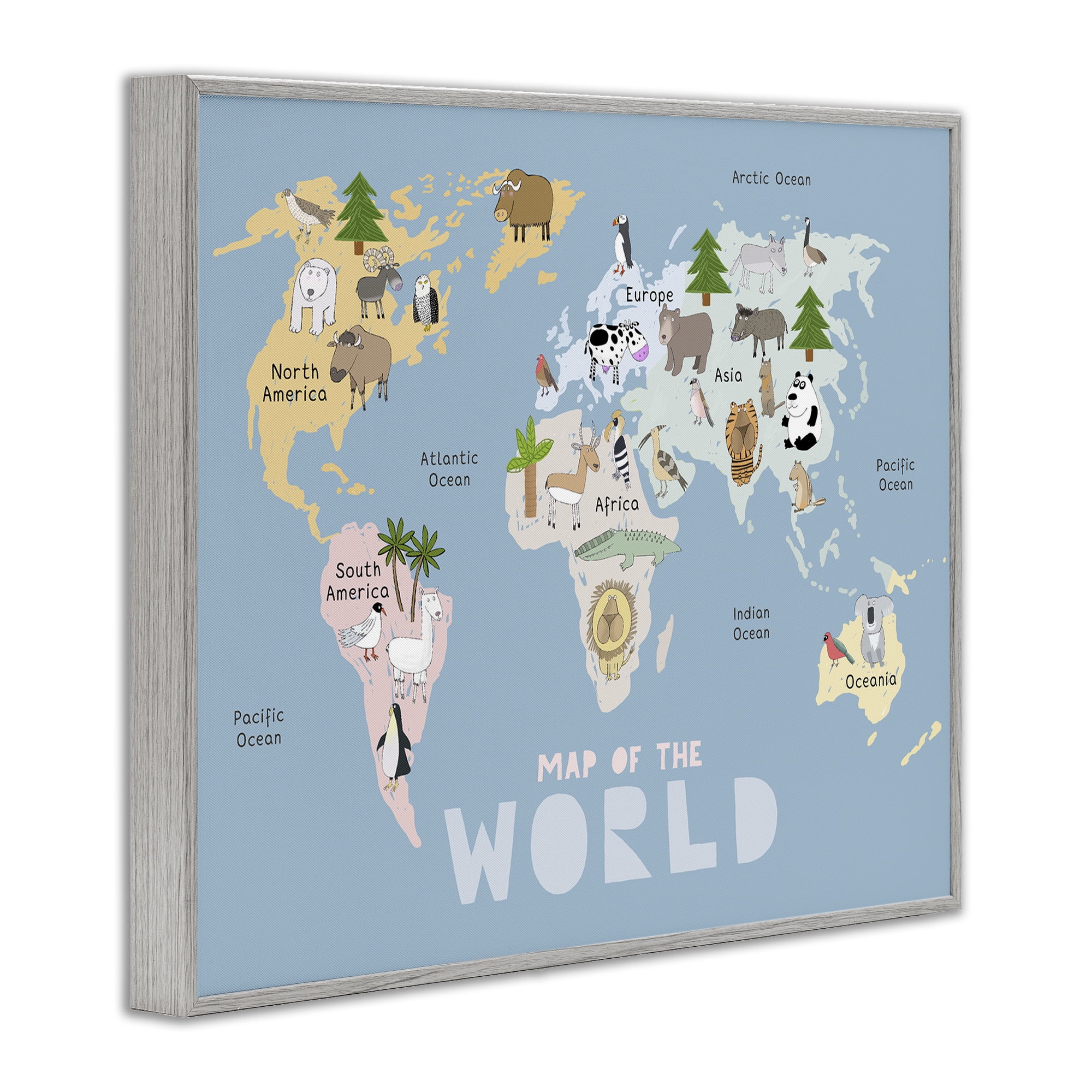 Kid's Map Of World Blue Gray Framed Giclee Art, design by Carla Daly