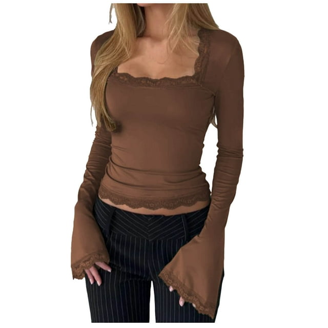 Womens Fall Tops, Fall Winter Solid Color Rectangular Collar Matching Slim Casual Lace Long Sleeve, Women's Top