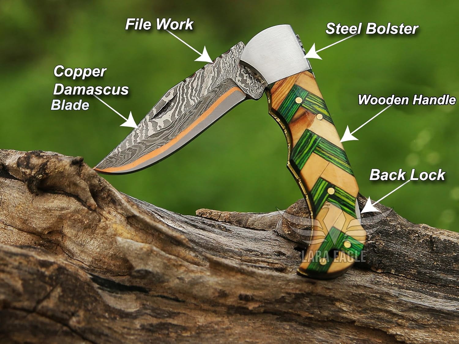 Copper Damascus Pocket Knife – Olive & Green Handle, Folding Tactical Hunting Knife with Sheath & Sharpener – Perfect for Outdoor Use