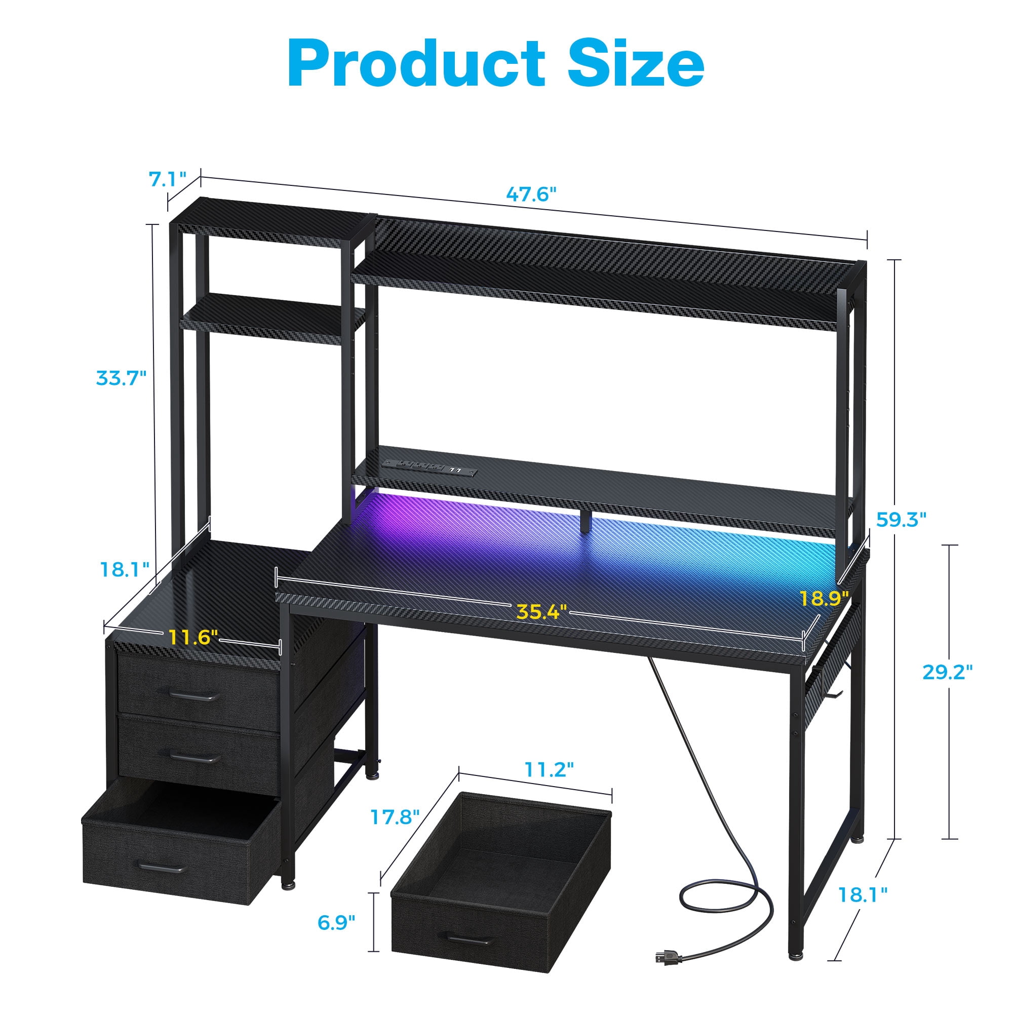 Casacomoda 48 inch Gaming Desk with LED Lights & Power Outlets, Home Office Desk with Reversible Storage Drawers & Monitor Shelves, Gaming Table for Small Space, Carbon Fiber  Black