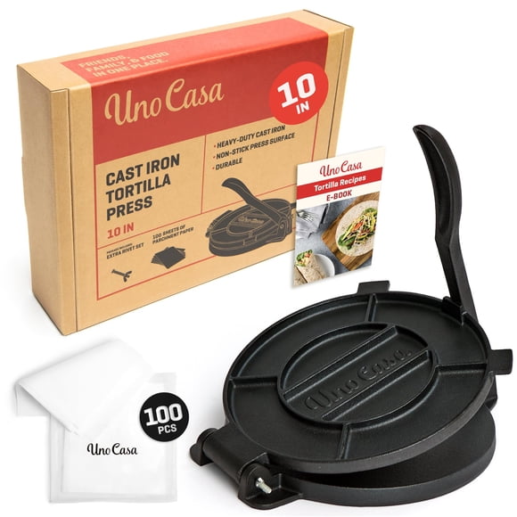 Tortilla Press Uno Casa, hierro fundido, 25 cm, con papel pergamino Uno Casa NA