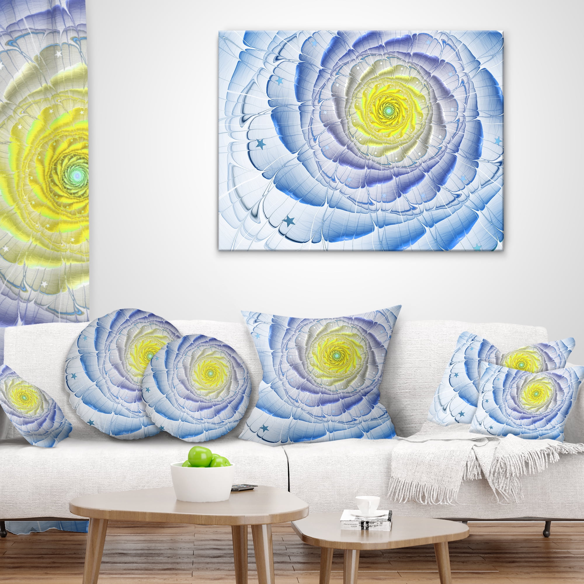 Designart Fractal Flower Blue Yellow Digital Art - Flower Throw Pillow - 16x16