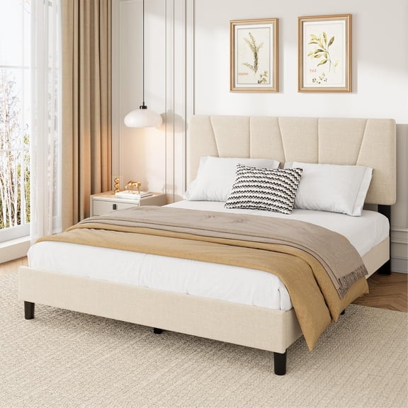 Queen Size Bed Frame with Adjustable Headboard, Linen Upholstered Queen Platform Bedframe with Strong Wooden Slats, Mattress Foundation, No Box Spring Needed, Easy Assembly