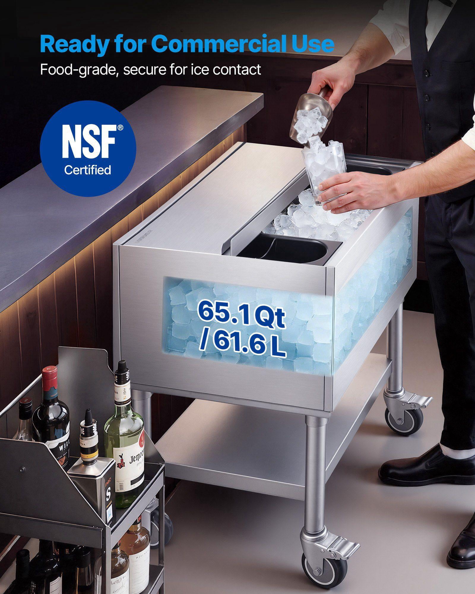 65.1 Qt Stainless Steel Ice Chest with Sliding Lid Bottle Holders NSF Certified Commercial Cooler Cart for Bar Restaurant Pub