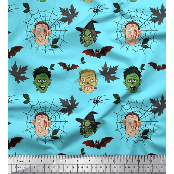 Soimoi Blue Poly Georgette Fabric Bat & Ghost Face Halloween Decor Fabric Printed Yard 42 Inch Wide