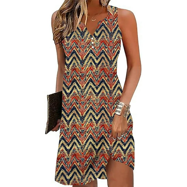 Lolmot Robe Décontractée pour Femme, Robe Courte Sans Manches Imprimée à Col en V, Style Rétro et Décontracté, Robe Sans Manches pour Femme