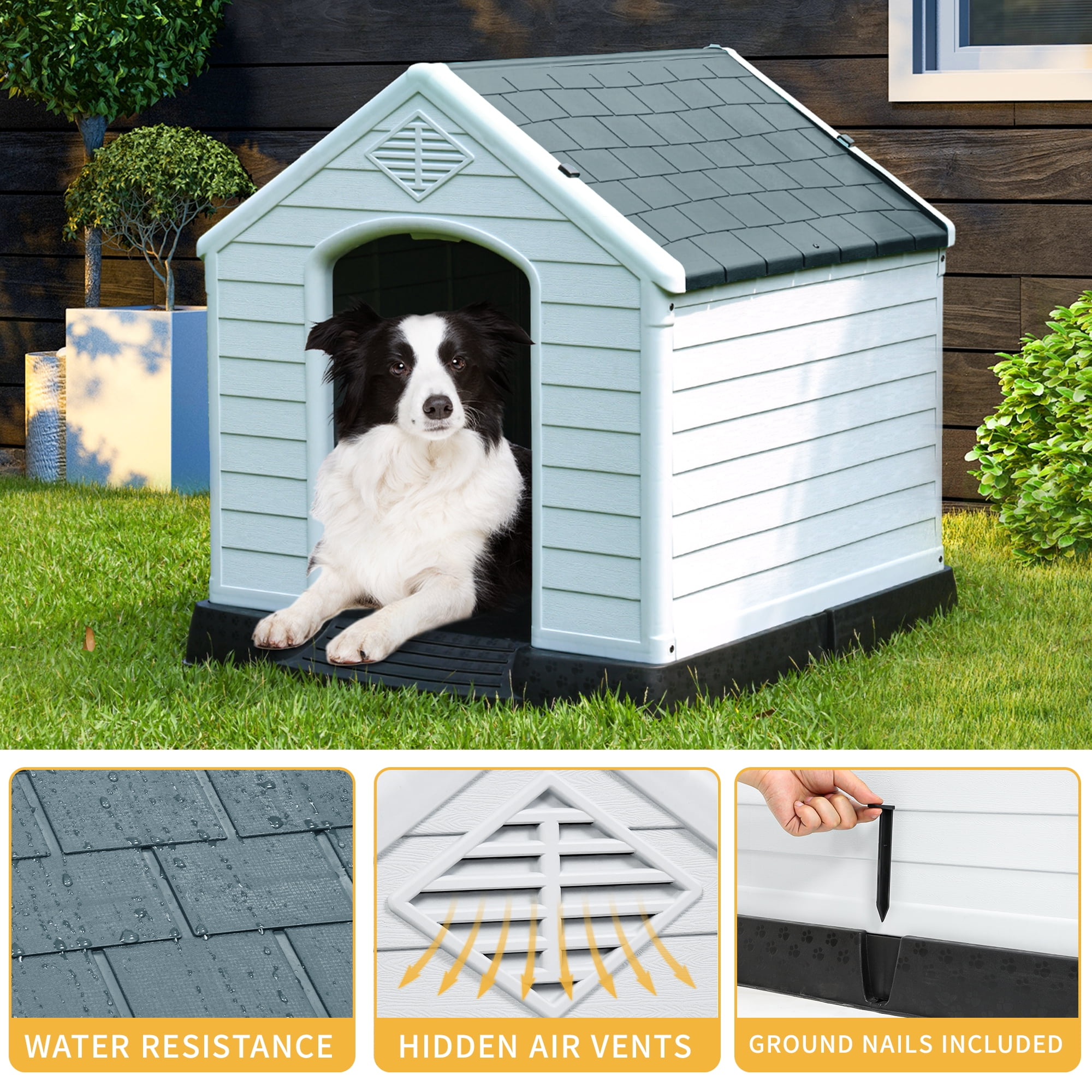 Dextrus 41" Large Waterproof Plastic Dog House with Elevated Floor & Air Vents, Outdoor Shelter, Gray