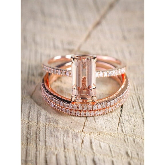 Limited Time Sale 2.50 carat Morganite and Diamond Trio Ring Set in 10k Rose Gold with One Engagement Ring and 2 Wedding Bands