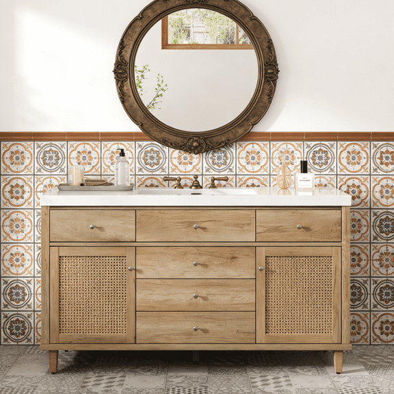 Natural 60" Modern Bathroom Vanity with SMC Sink, Soft Close Drawers, Rattan Doors & Silver Knobs