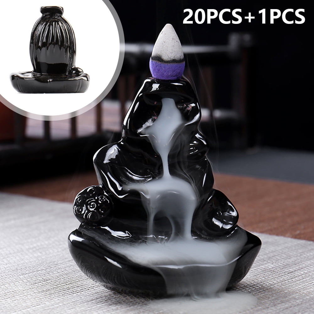 LANGINGS Teapot Backflow Incense Burner Waterfall Ceramic Censer Incense Holder Cones Sticks Decorations with 10 Pcs Cones 