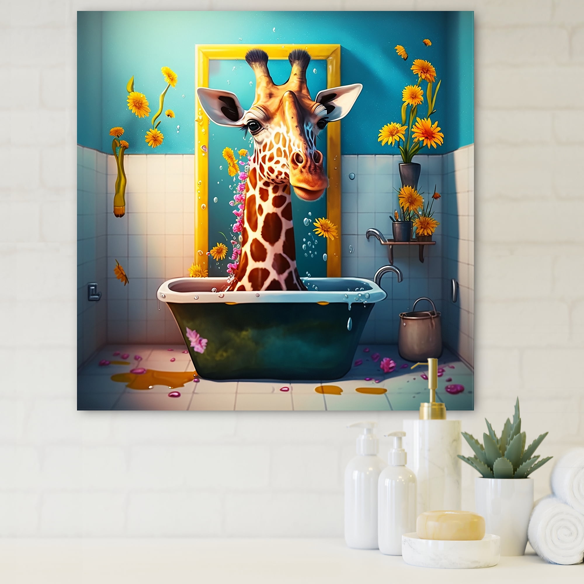 Designart Giraffe Caricature Splashing Around In A Flower Bath I Canvas Wall Art
