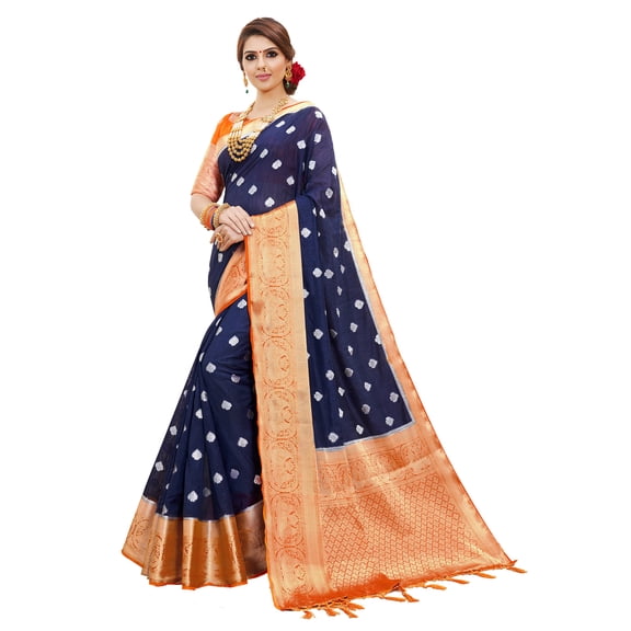 Sarees for Women Banarasi Art Silk l Tradional Indian Wedding Diwali Gift Sari with Unstitched Blouse Navy Blue