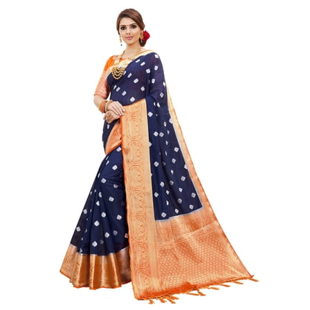 Sarees for Women Banarasi Art Silk l Tradional Indian Wedding Diwali Gift Sari with Unstitched Blouse Navy Blue