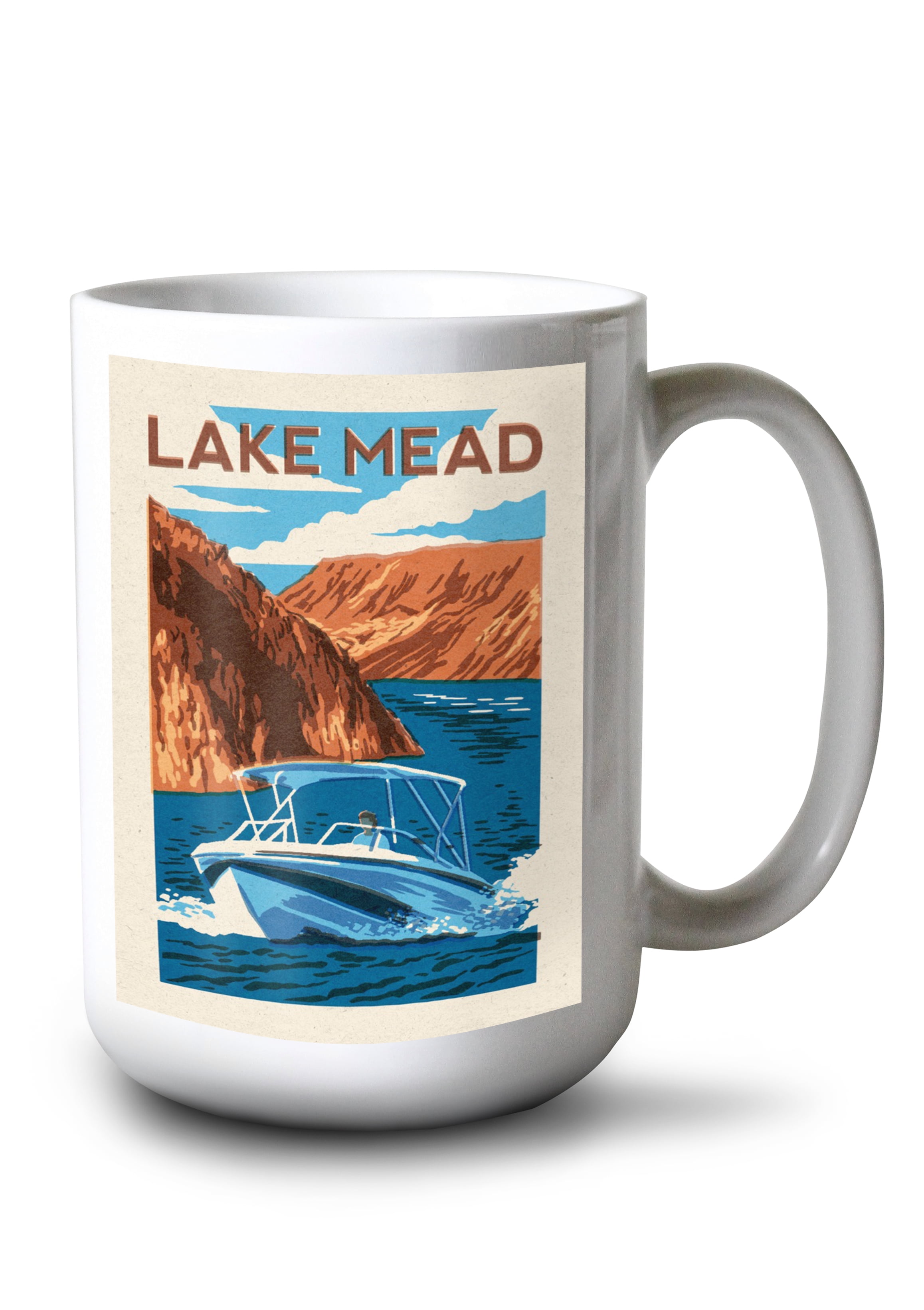 15 fl oz Ceramic Mug, Lake Mead, Boat, Dishwasher & Microwave Safe