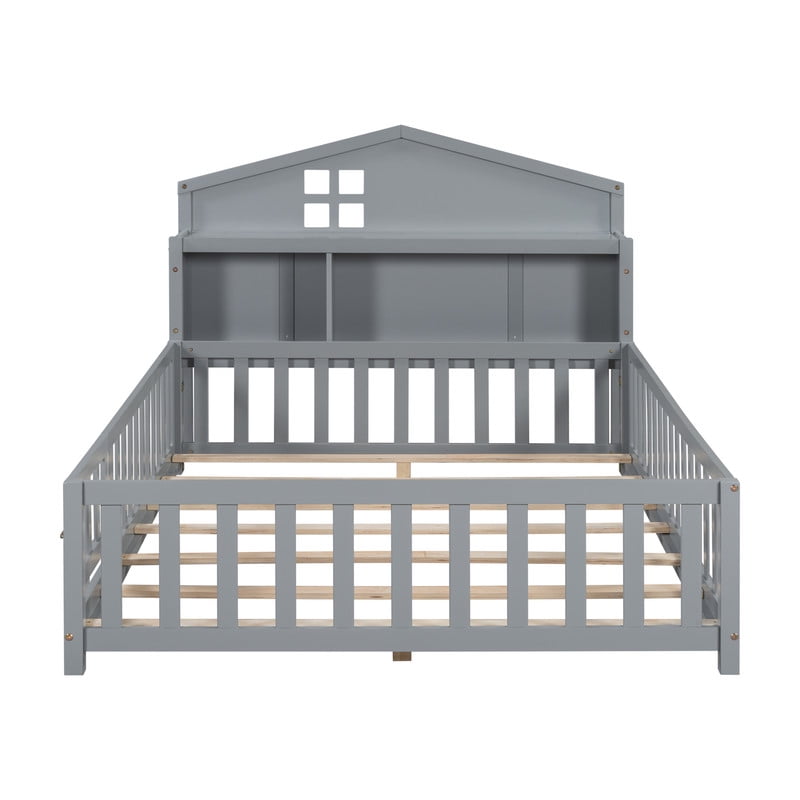 Bellemave Full Size Montessori Bed with Bookcase,Wooden Floor Bed with Fence Rails and Door, Full Playhouse Beds with Storage Headboards, No Box Spring Needed (Gray)