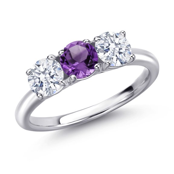 Gem Stone King 925 Sterling Silver Purple Amethyst and White Zirconia Engagement Ring for Women | 1.98 Cttw | Round 5MM | Gemstone February Birthstone | Size 5