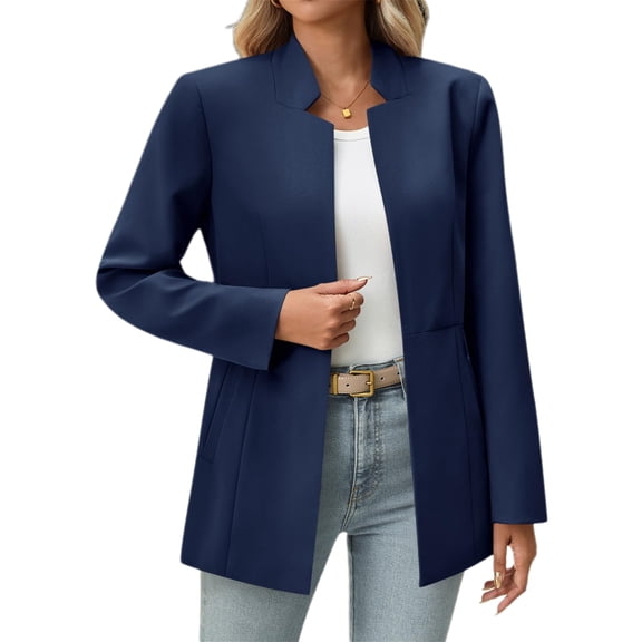 Spring Fall Stand Collar Solid Color Women Long Sleeved Open Front Work Office Blazer Coat