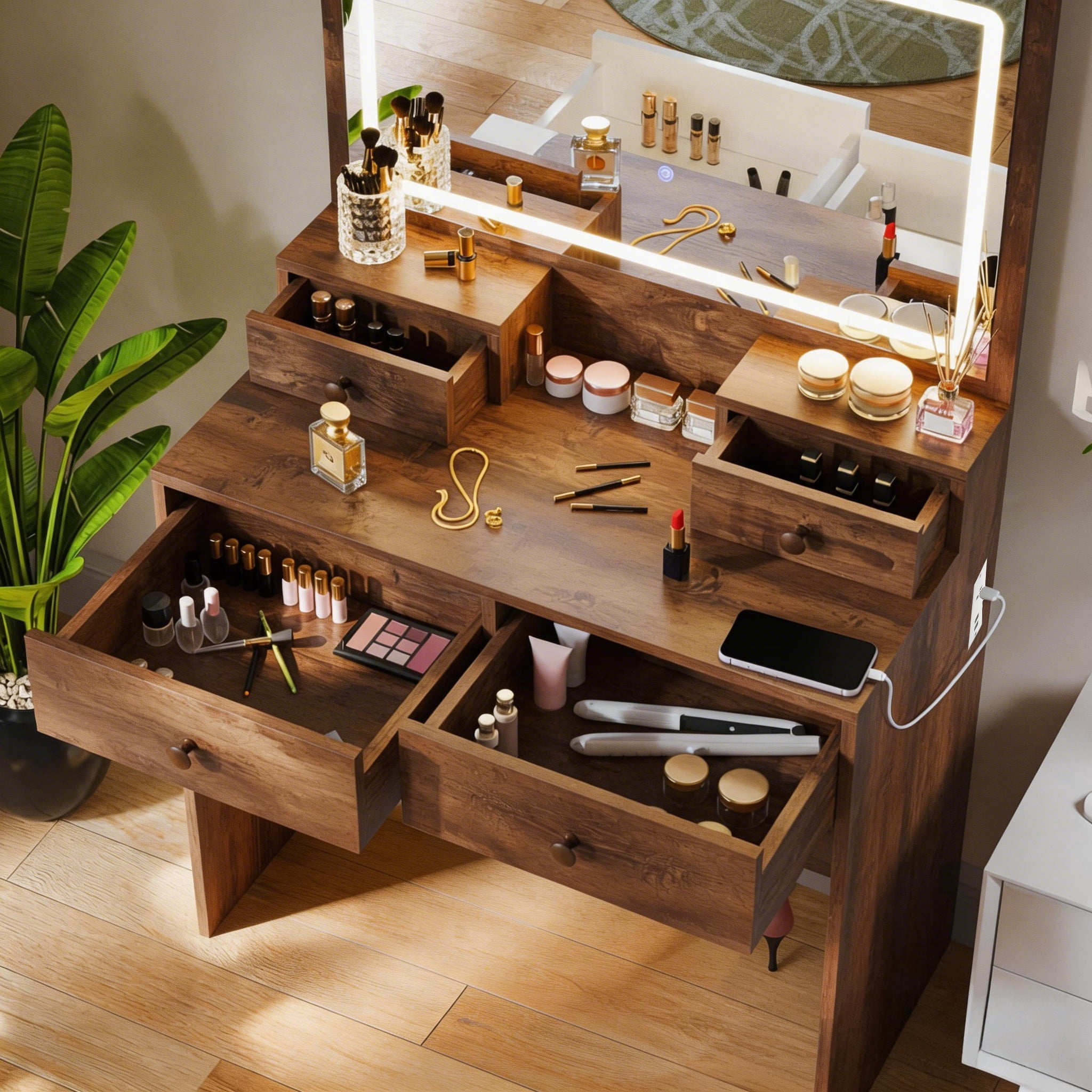 Haewon 31" Vanity Desk with Mirror, LED Lights and Charging Station, Makeup Vanity with Storage Stool, Vanity Set for Bedroom, Brwon